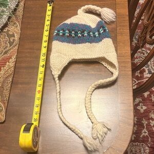 Cozy vintage wool Knit Hat with Ear Flaps - Cream and Blue